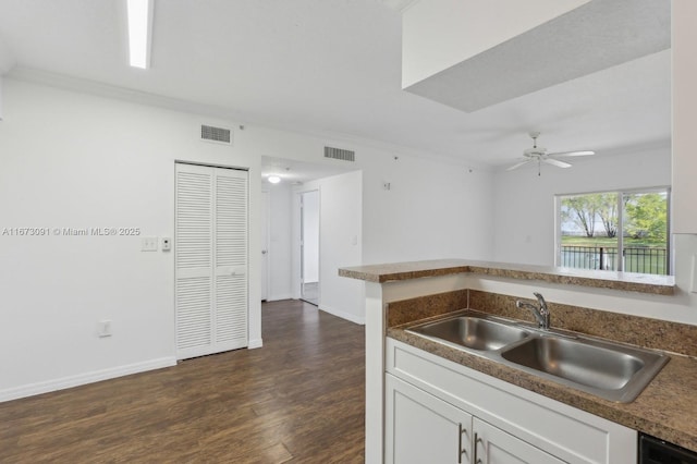 kitchen with white cabinetry, sink, ceiling fan, dark hardwood / wood-style floors, and crown molding