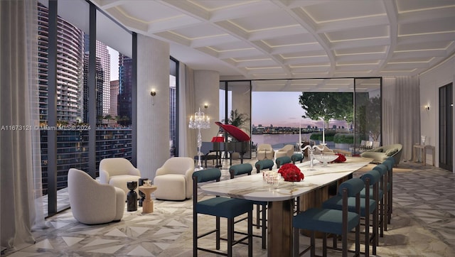 dining space featuring coffered ceiling, beamed ceiling, and a chandelier