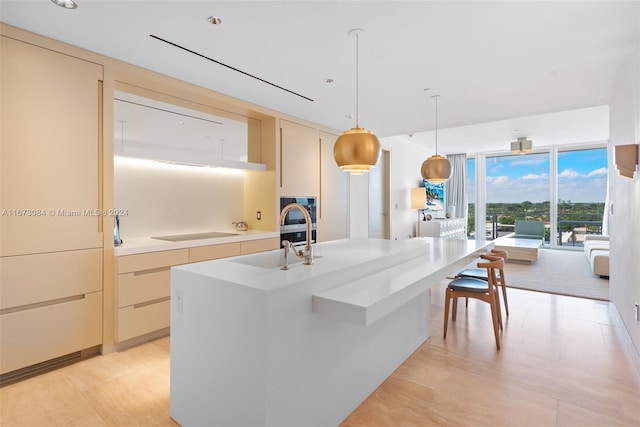 kitchen with pendant lighting, sink, a kitchen island with sink, black electric cooktop, and a wall of windows