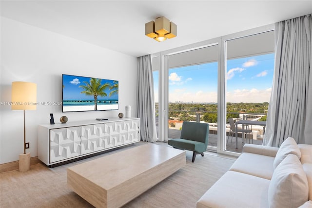 living room featuring a wall of windows