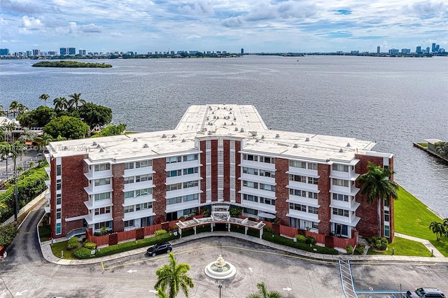 drone / aerial view with a water view