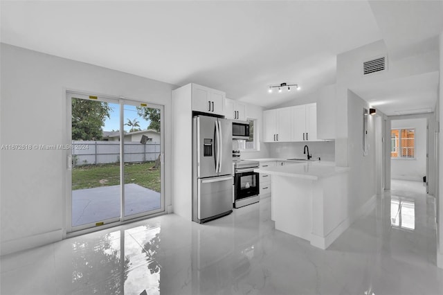 kitchen featuring appliances with stainless steel finishes, lofted ceiling, white cabinetry, and a wealth of natural light