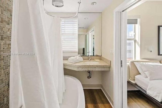 bathroom featuring walk in shower, hardwood / wood-style flooring, sink, and a healthy amount of sunlight