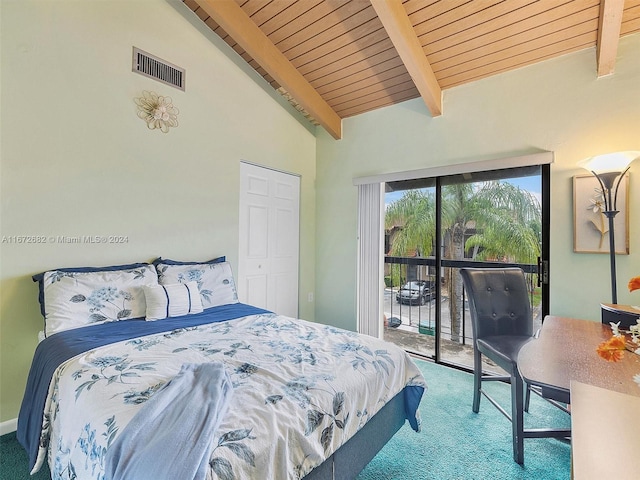 bedroom featuring access to outside, beamed ceiling, carpet floors, and a closet