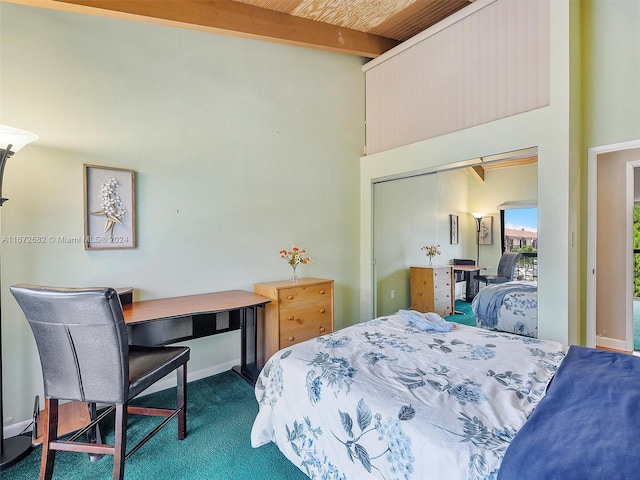 carpeted bedroom with a towering ceiling, beam ceiling, a closet, and wooden ceiling