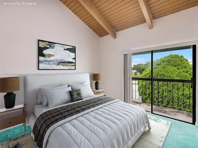 carpeted bedroom with access to outside, wood ceiling, and lofted ceiling with beams