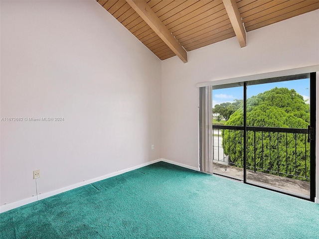 carpeted spare room featuring vaulted ceiling with beams and wooden ceiling