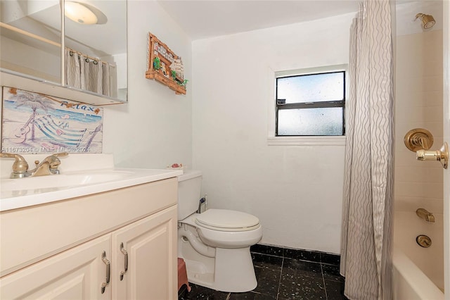 full bathroom with vanity, toilet, tile patterned flooring, and shower / tub combo