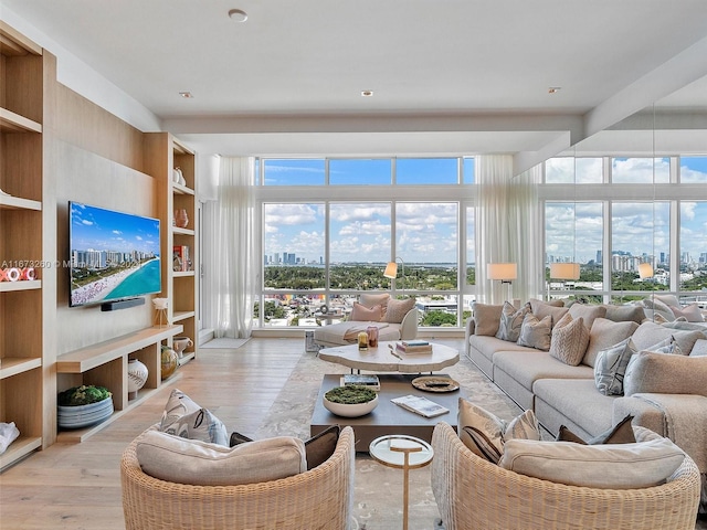 living room featuring light hardwood / wood-style floors, built in features, and plenty of natural light