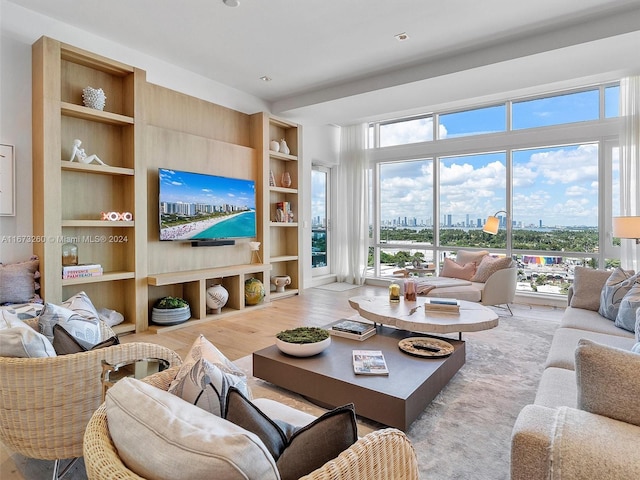 living room with built in shelves, light wood-type flooring, and a wealth of natural light