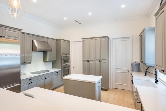 kitchen with wall chimney exhaust hood, gray cabinets, light hardwood / wood-style flooring, appliances with stainless steel finishes, and a center island