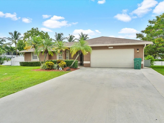 ranch-style home with a garage and a front yard