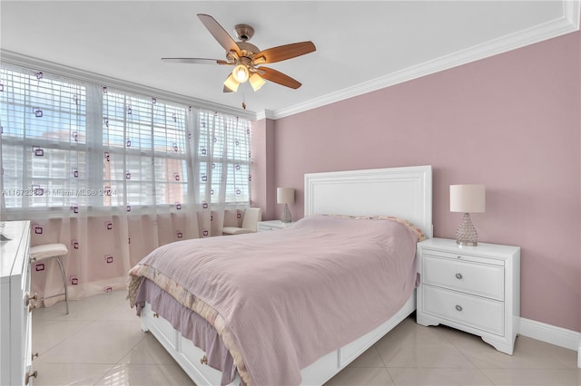 bedroom with ceiling fan, crown molding, and light tile patterned floors