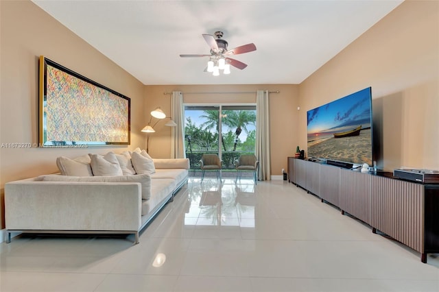 living room with light tile patterned floors and ceiling fan