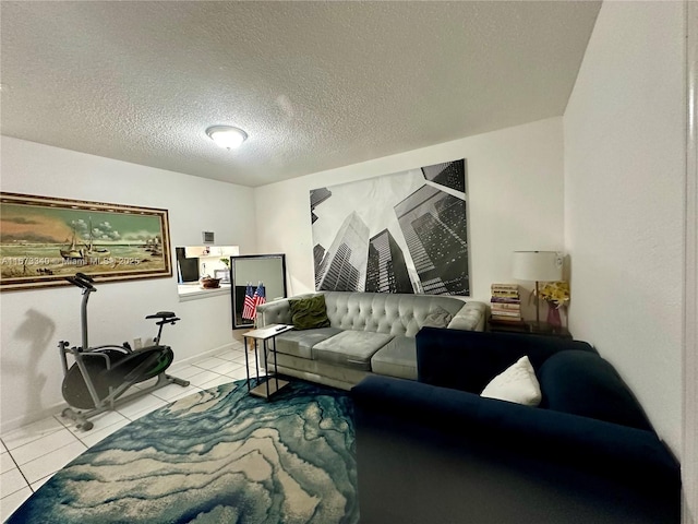 tiled living area with a textured ceiling