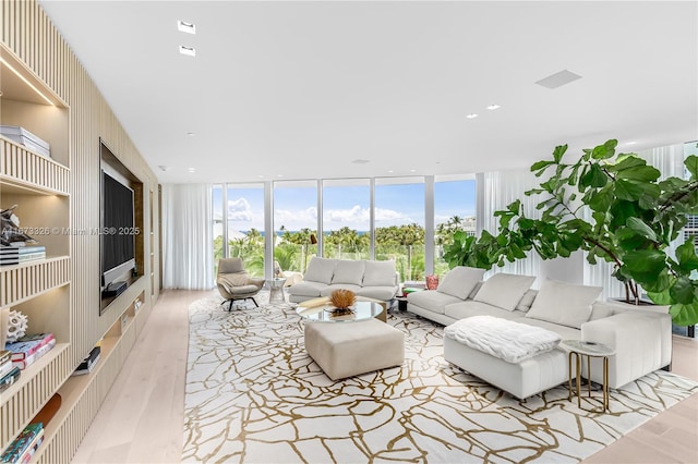 living room with floor to ceiling windows, a healthy amount of sunlight, and light wood-type flooring