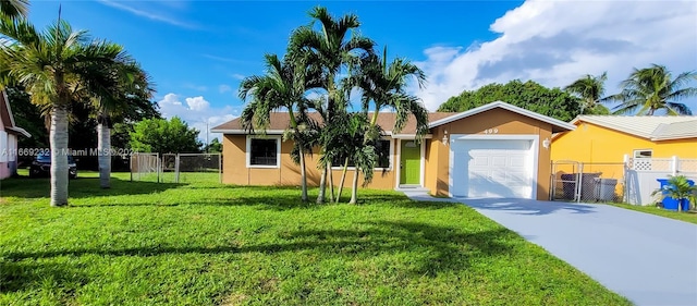 single story home featuring a front yard and a garage