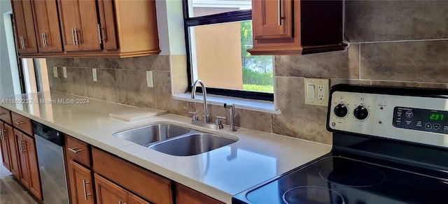 kitchen featuring backsplash, sink, and appliances with stainless steel finishes