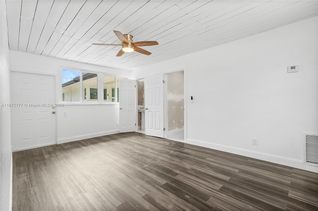 unfurnished room with ceiling fan, dark wood-type flooring, and wooden ceiling