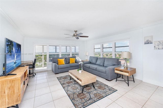 living room featuring ornamental molding, light tile patterned flooring, and a healthy amount of sunlight