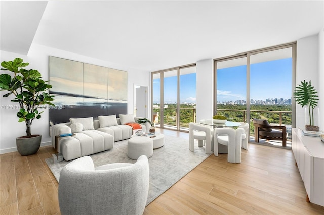 living room with light hardwood / wood-style flooring and floor to ceiling windows