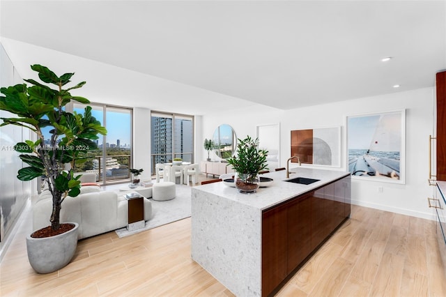 kitchen with an island with sink, light hardwood / wood-style floors, and sink