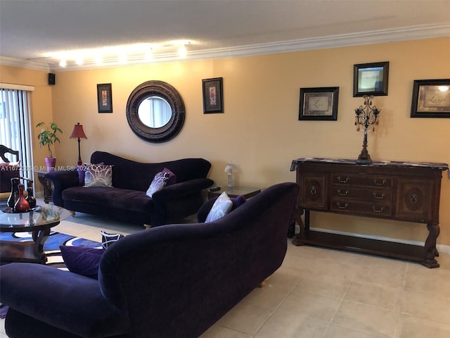 tiled living room with crown molding