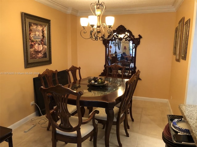 tiled dining space featuring a notable chandelier and ornamental molding