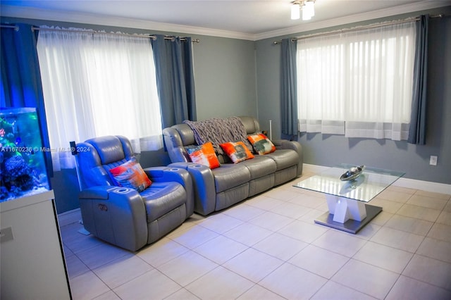 tiled living room with ornamental molding