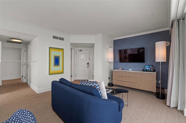 living room featuring crown molding and light carpet