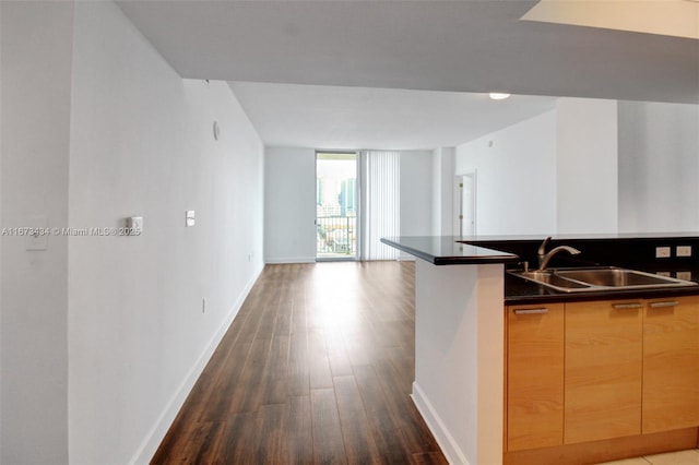 kitchen featuring kitchen peninsula, light brown cabinetry, sink, dark wood-type flooring, and floor to ceiling windows