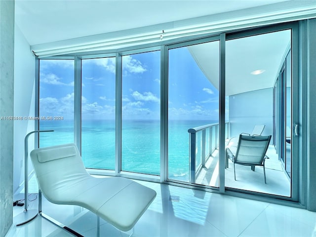 interior space with a water view