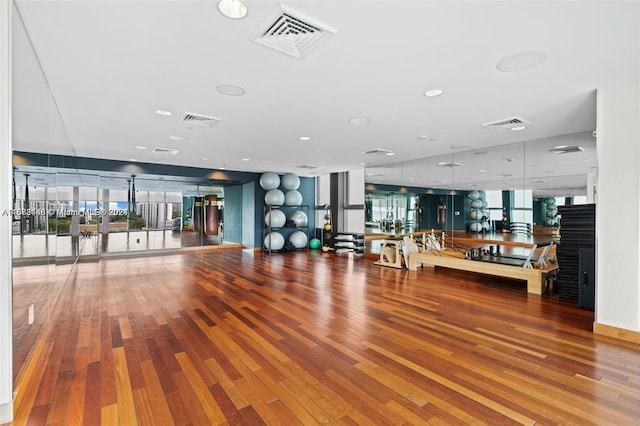 exercise area featuring wood-type flooring and a healthy amount of sunlight