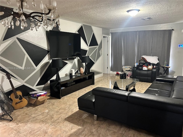 living room with a textured ceiling