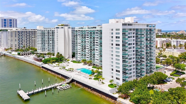 view of building exterior featuring a water view