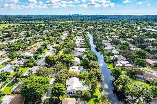 birds eye view of property featuring a water view and a residential view