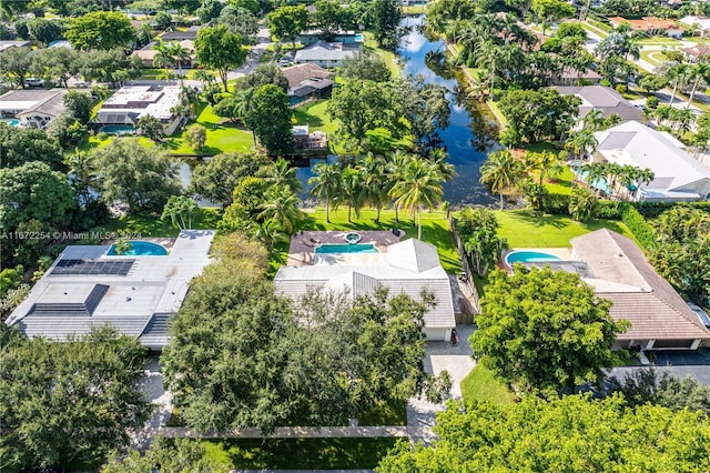 aerial view with a water view and a residential view