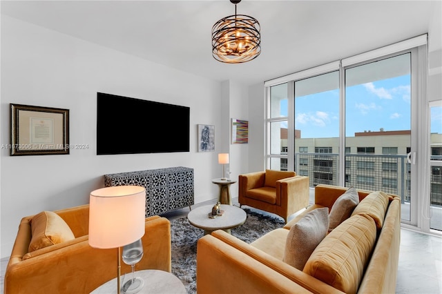 living room featuring a wall of windows