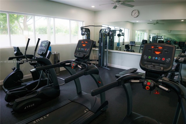 workout area featuring ceiling fan