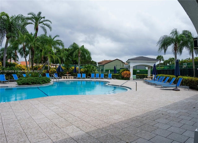 view of swimming pool featuring a patio area