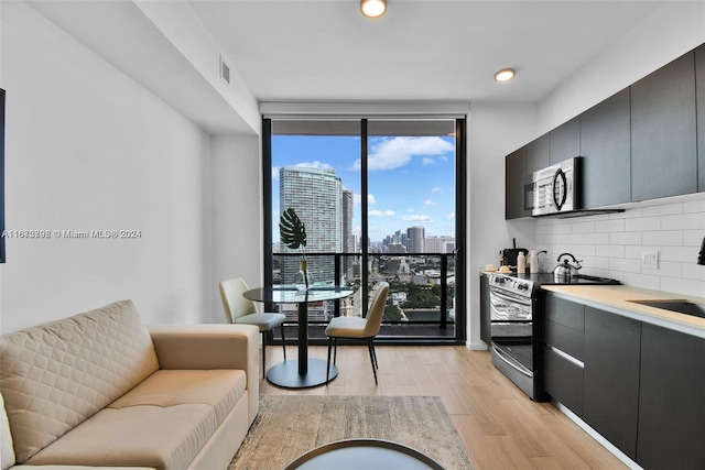 interior space with sink, tasteful backsplash, expansive windows, light hardwood / wood-style floors, and electric stove