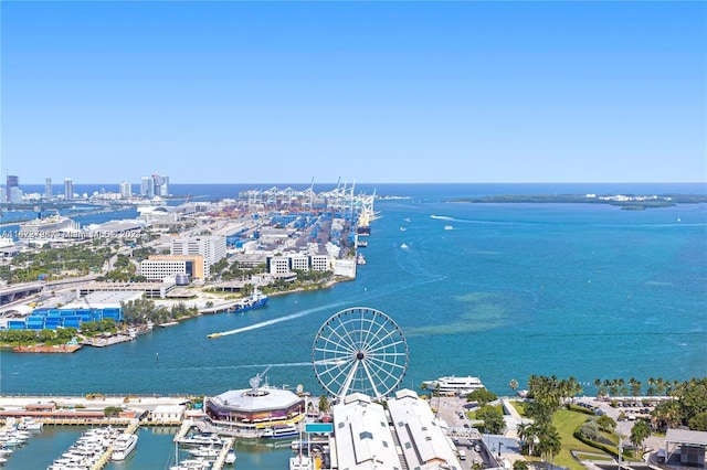 bird's eye view with a water view