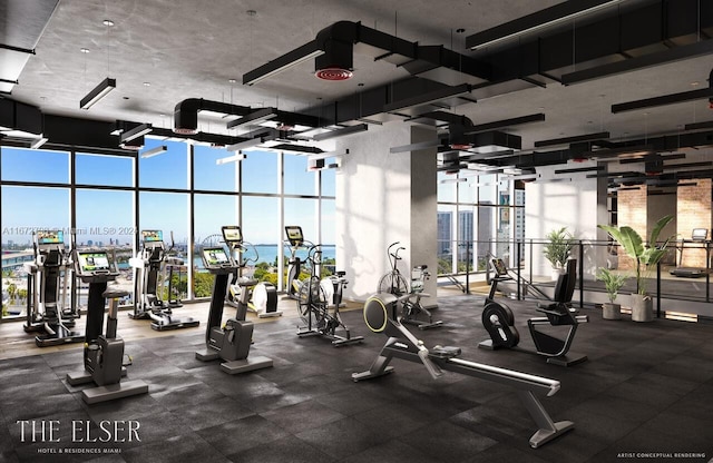 gym featuring expansive windows and a high ceiling