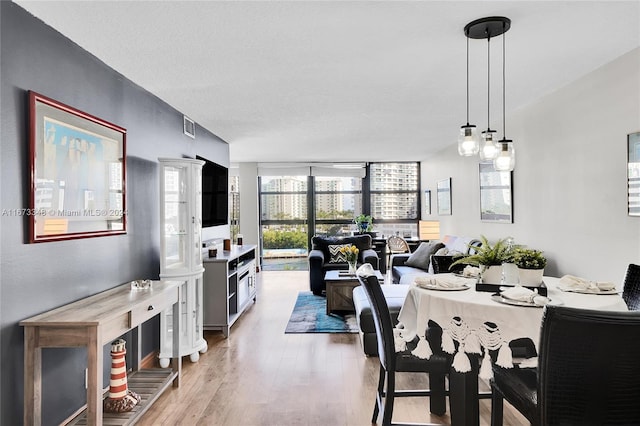 dining area featuring a healthy amount of sunlight, a textured ceiling, and light wood-type flooring