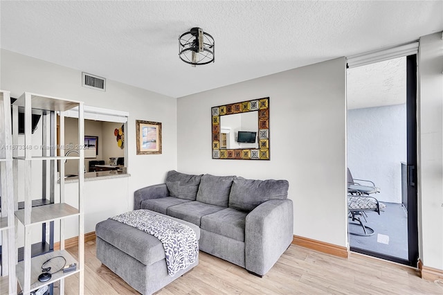 living room with a textured ceiling and hardwood / wood-style flooring