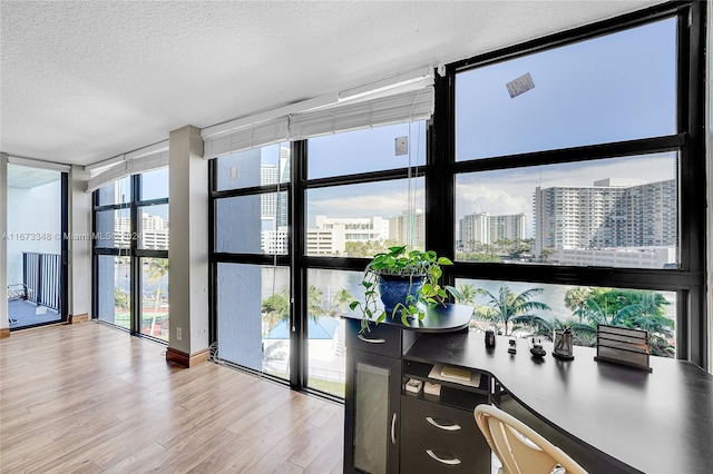 office space featuring a wall of windows, a textured ceiling, and light wood-type flooring