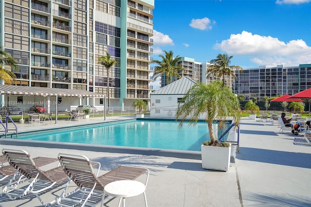 view of swimming pool with a patio area