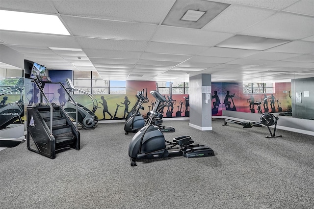 workout area featuring a paneled ceiling and carpet