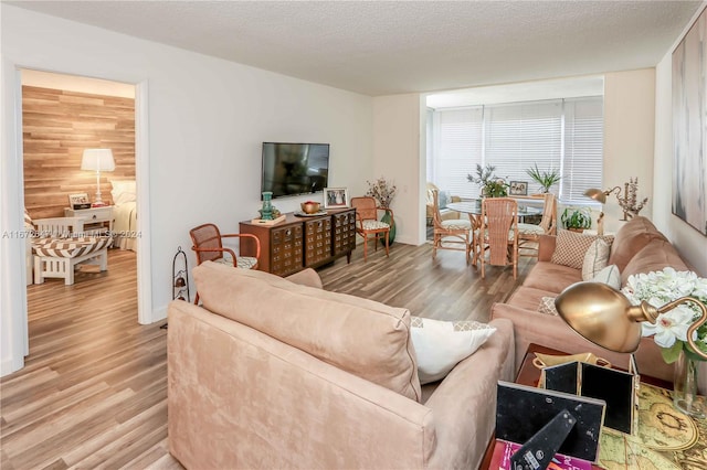 living room featuring hardwood / wood-style floors and a textured ceiling