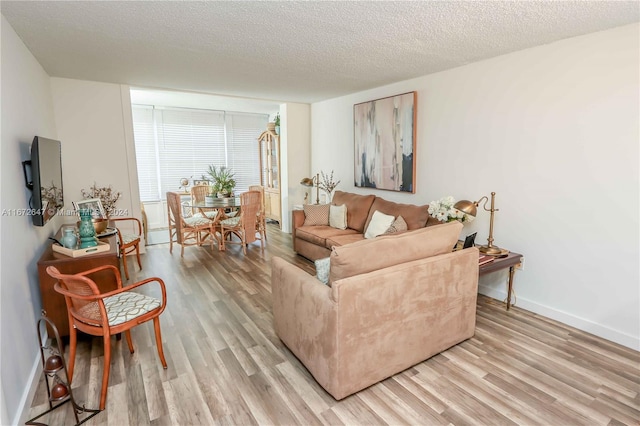 living room with light hardwood / wood-style flooring and a textured ceiling